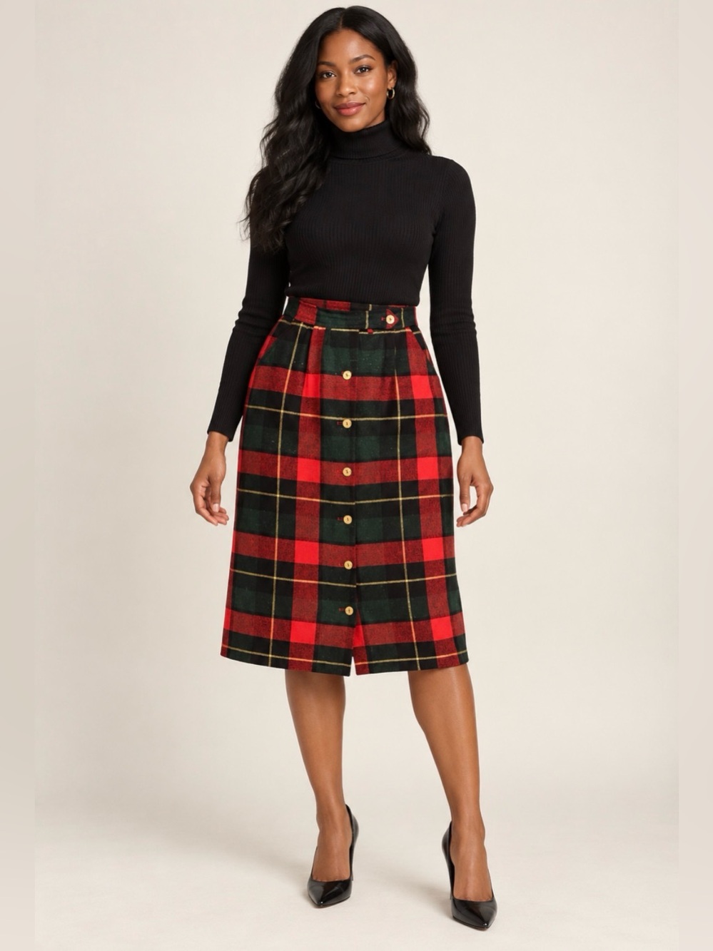 Vintage Preppy Dark High-Waist Plaid Midi Skirt in Red and Green Gold Buttons